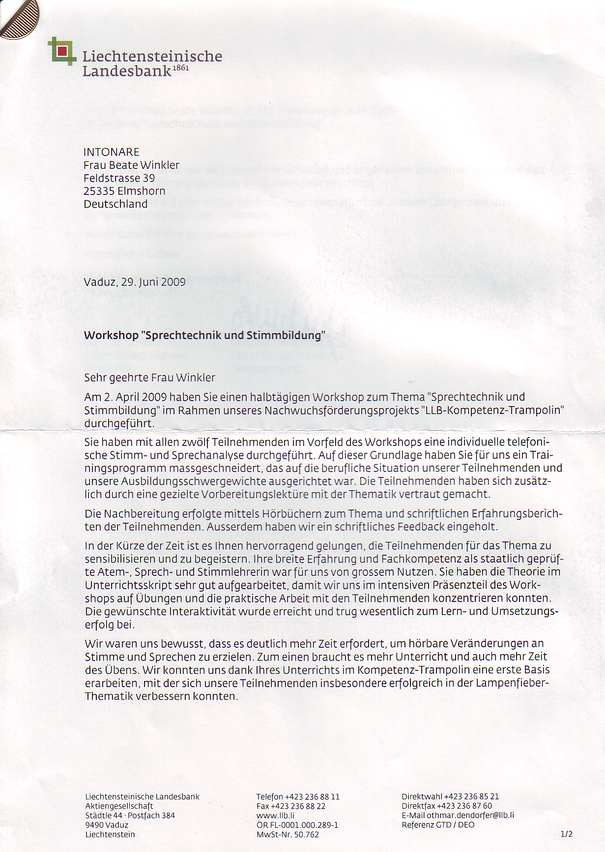 Die Liechtensteinisches Landesbank bescheinigt Intonare Elmshorn ein positives Erlebnis des Workshops Sprechtechnik und Stimmbildung