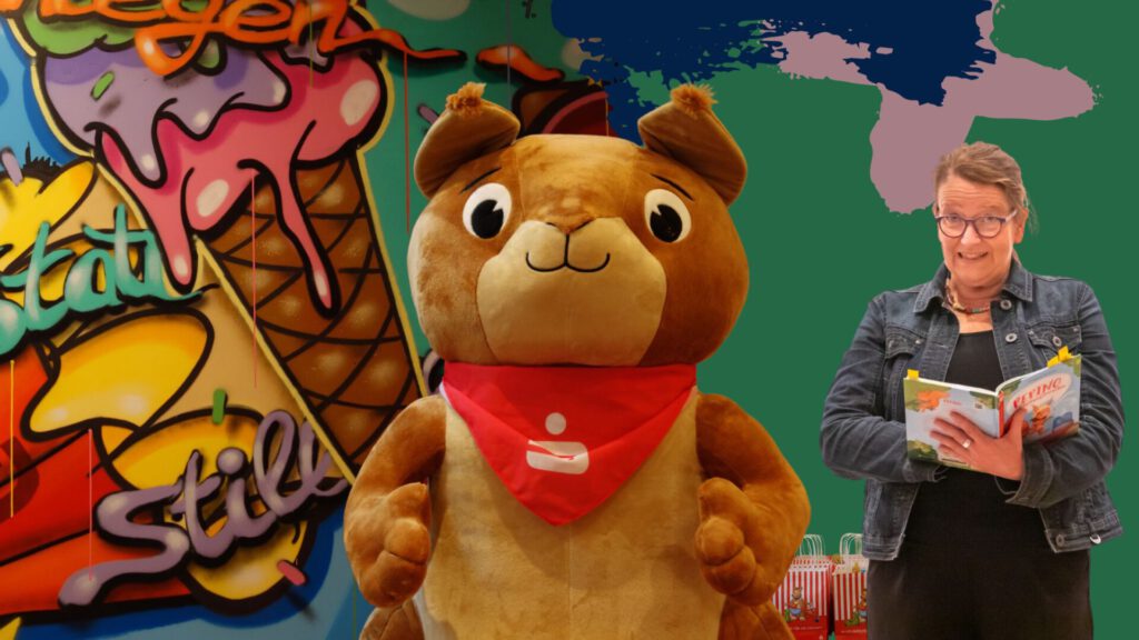Das Maskottchen der Sparkasse Elmshorn begleitet die Lesung von Beate Winkler intonare von Pepino Rettungshörnchen